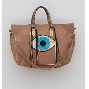 St. Barthalemy Rose Brown Tote/Beach Bag with Blue Evil Eye Design
